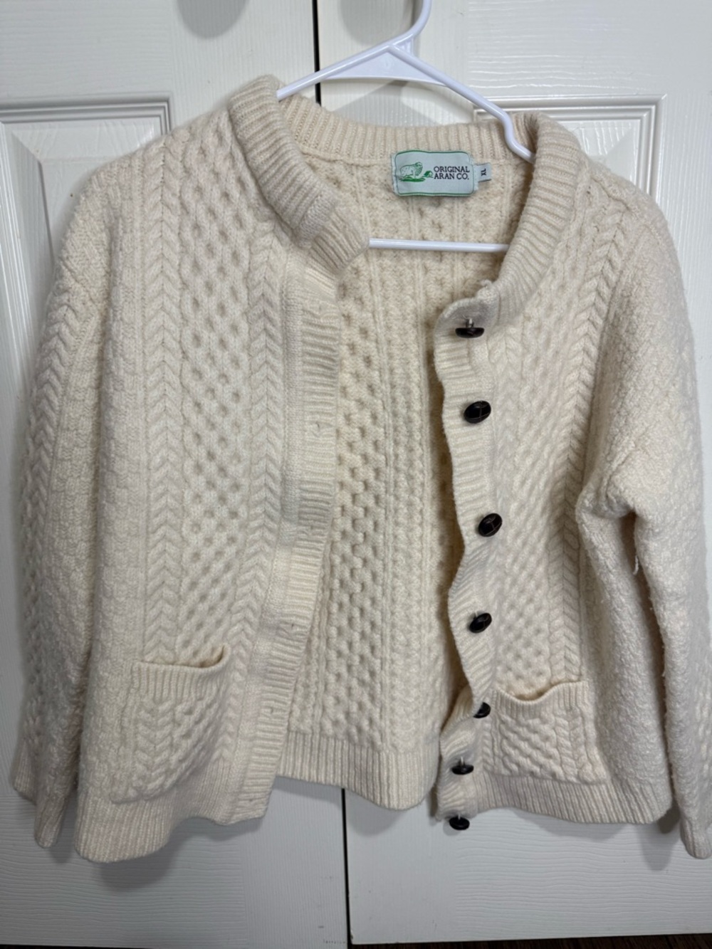 Original Aran Co Irish Wool Cardigan Sweater Women's XL Cream Cable Knit